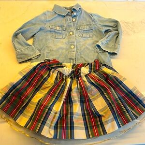 Crewcuts chambray shirt and plaid skirt m, size 2